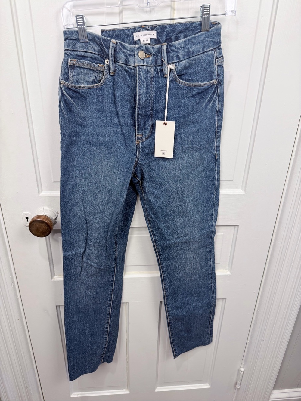 Good American Classic High-Rise Straight Jeans in Medium Blue Denim